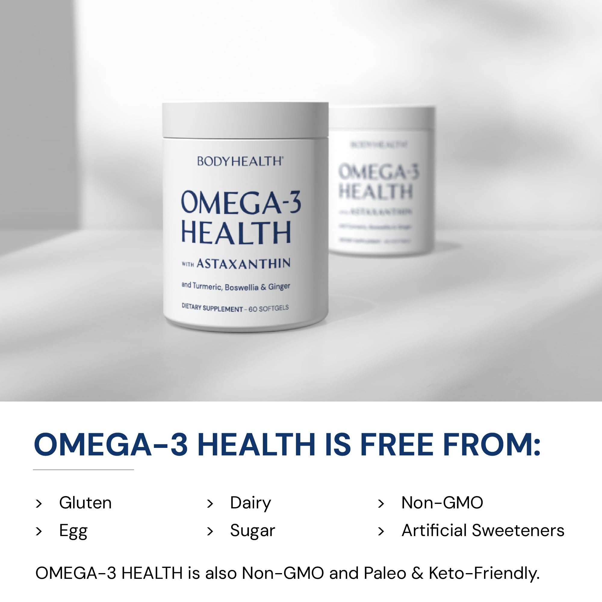BodyHealth Omega 3 bottle close-up highlighting sustainably sourced Arctic Ocean fish oil