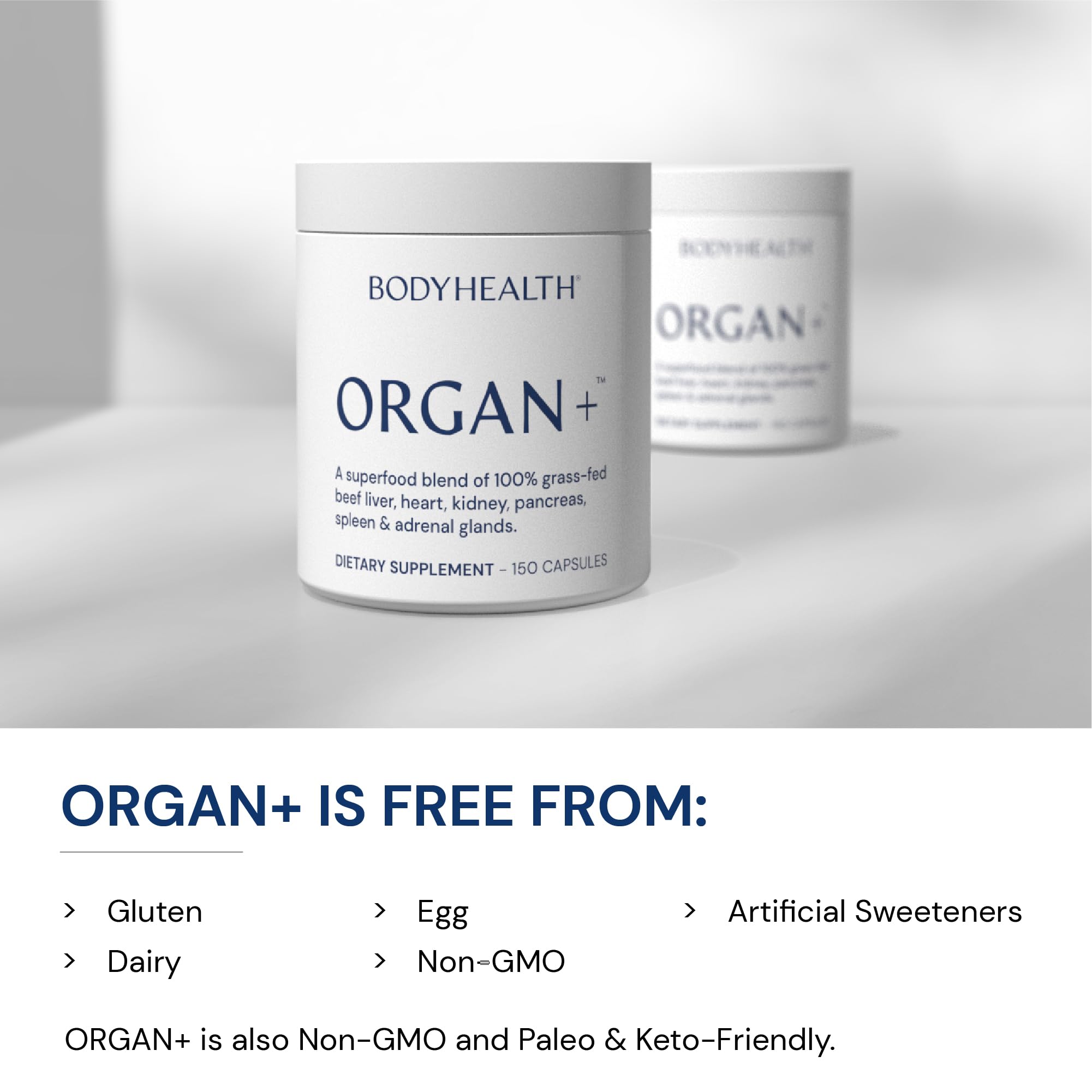 BodyHealth Organ+ grass-fed adrenal capsule for vitality and resilience.