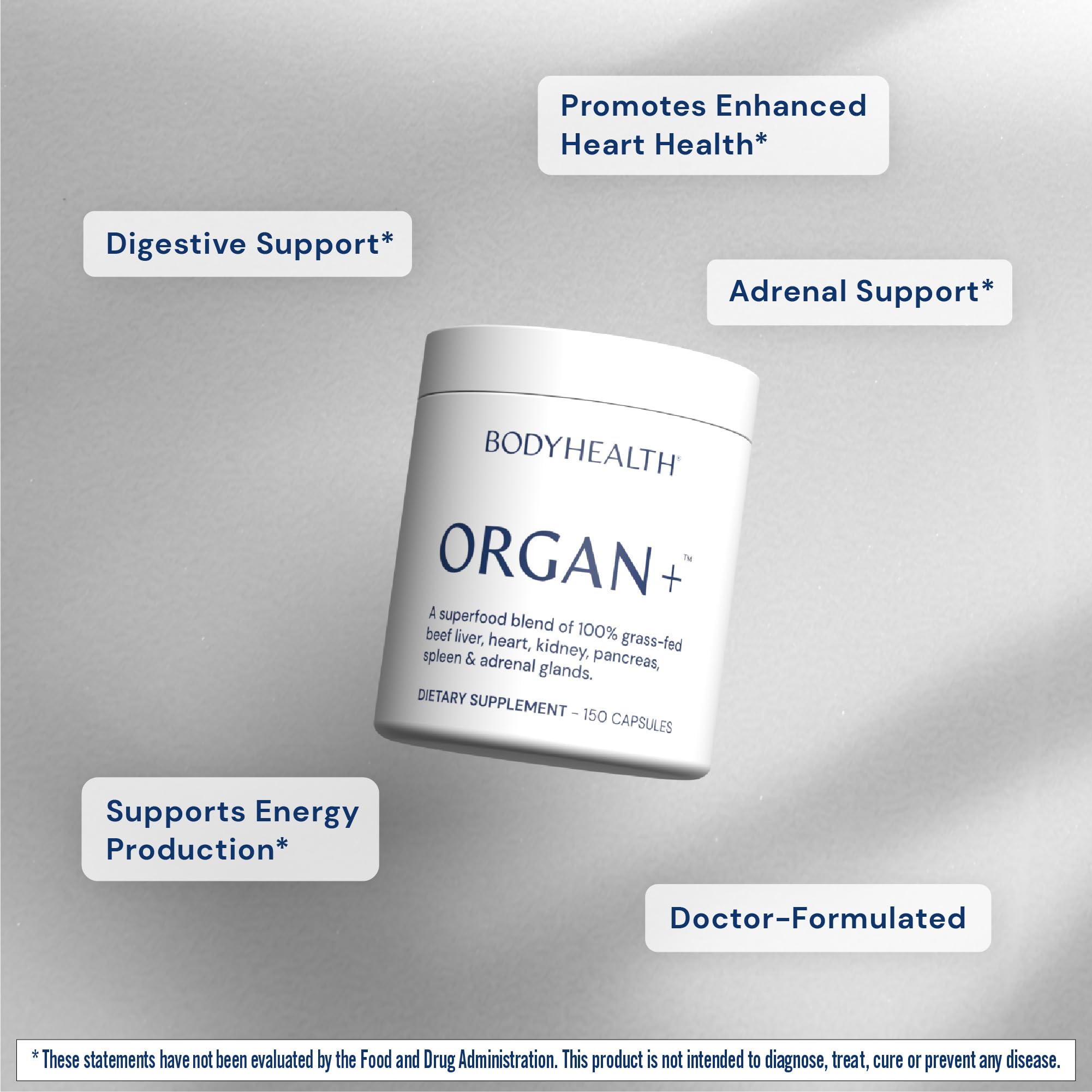 BodyHealth Organ+ grass-fed kidney capsule for metabolic support.