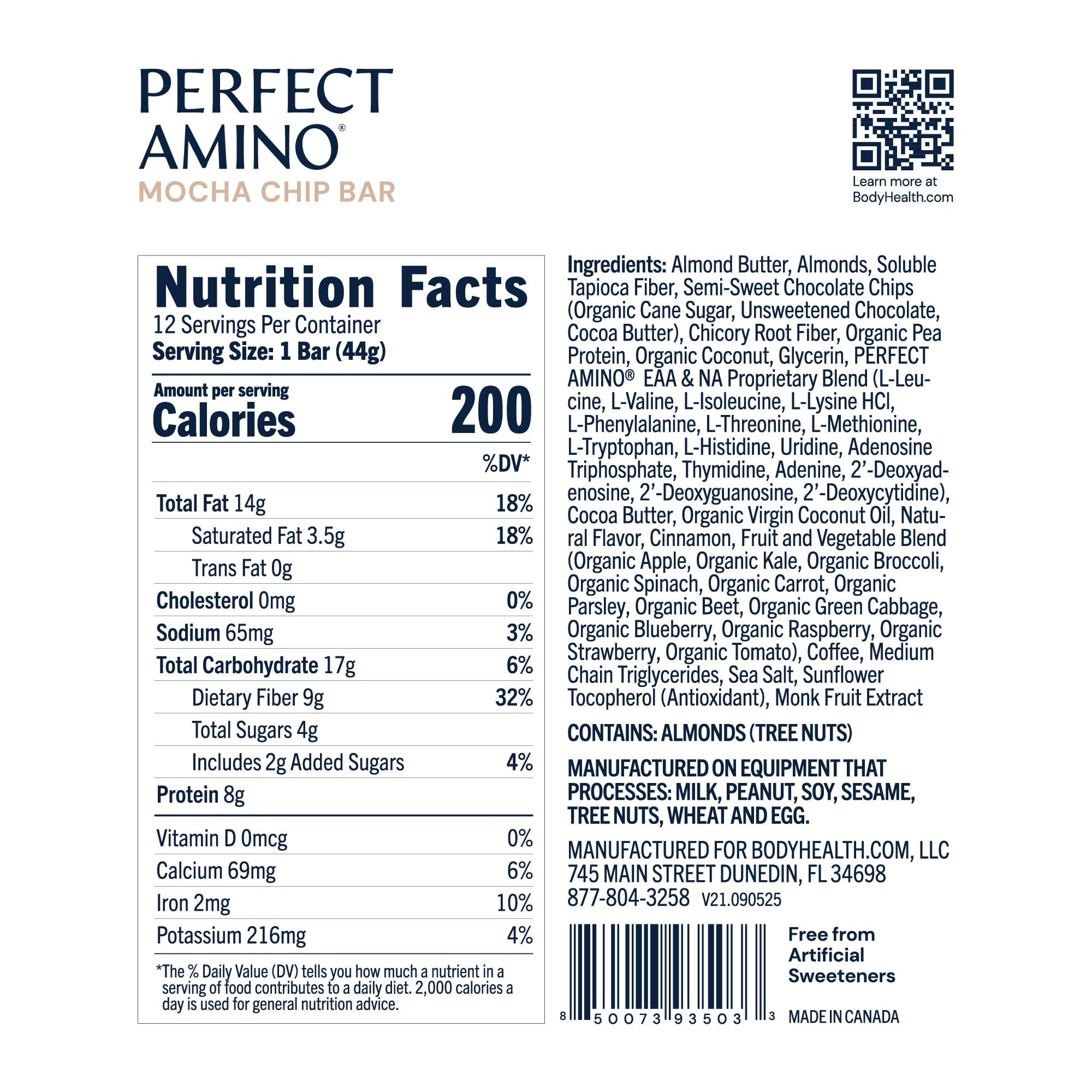 Close-up of BodyHealth PerfectAmino Bar Mocha ingredients and plant-based protein blend