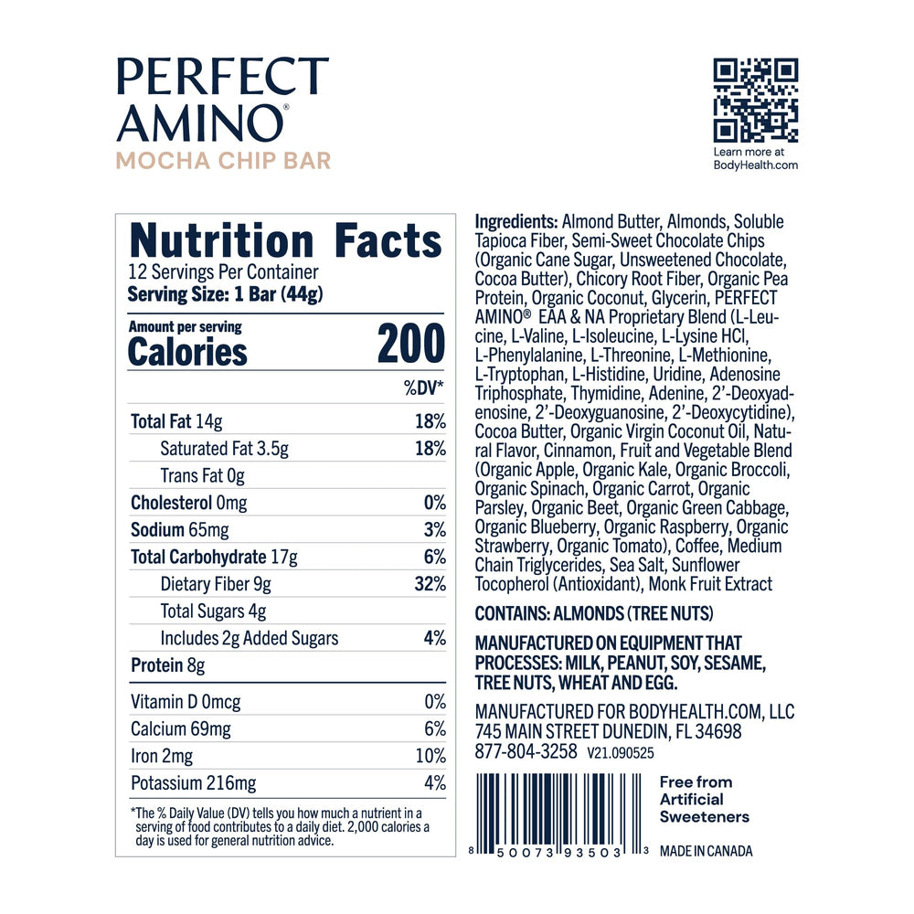 Close-up of BodyHealth PerfectAmino Bar Mocha ingredients and plant-based protein blend
