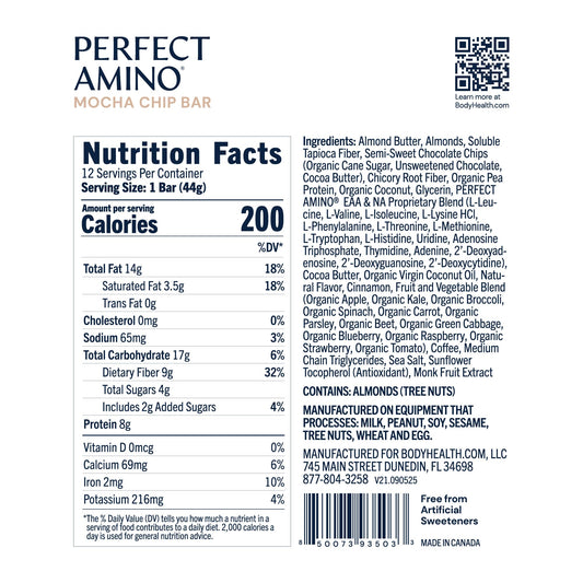 Close-up of BodyHealth PerfectAmino Bar Mocha ingredients and plant-based protein blend