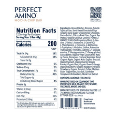 Close-up of BodyHealth PerfectAmino Bar Mocha ingredients and plant-based protein blend