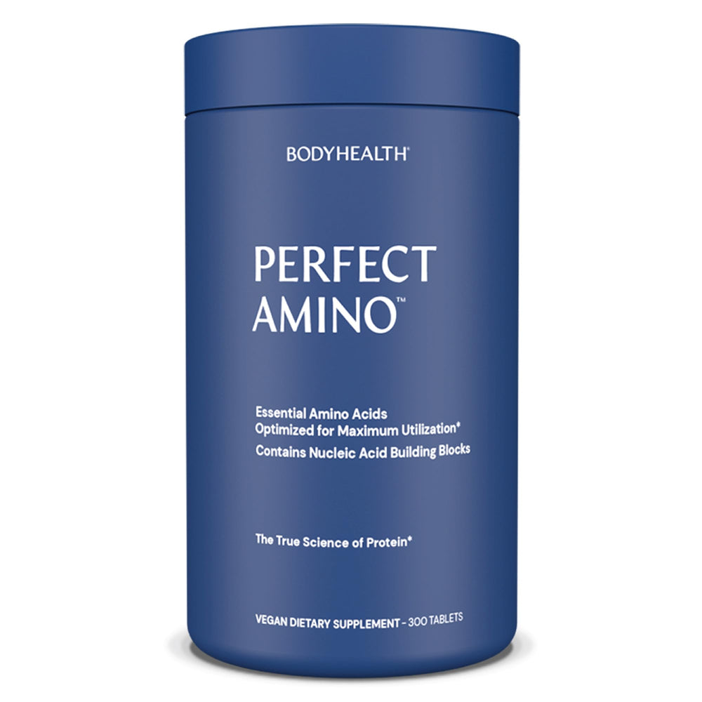 BodyHealth PerfectAmino bottle close-up highlighting vegan amino acids for recovery support.