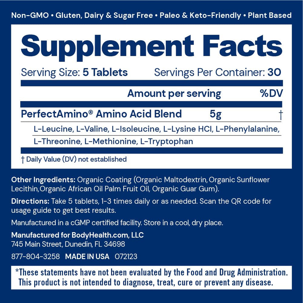BodyHealth PerfectAmino bottle front view illustrating serving size and easy-to-swallow tablets.