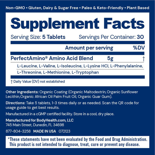 BodyHealth PerfectAmino bottle front view illustrating serving size and easy-to-swallow tablets.
