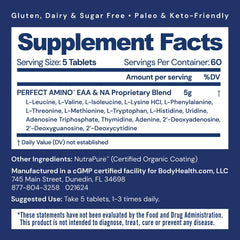 BodyHealth PerfectAmino bottle front showing 300 count for daily amino support.