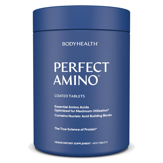 BodyHealth PerfectAmino bottle front view for a vegan amino acids supplement.