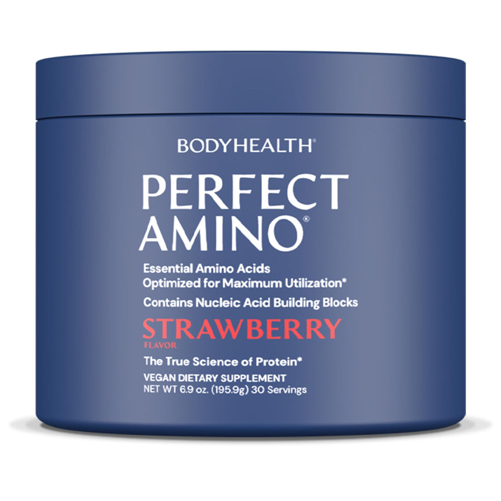 BodyHealth PerfectAmino bottle with strawberry flavor for pre and post workout