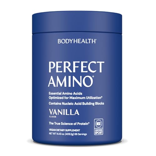 BodyHealth PerfectAmino bottle with vanilla flavor for pre-workout energy support.
