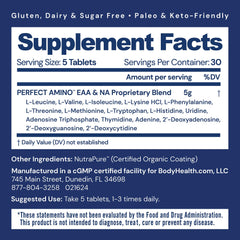 BodyHealth PerfectAmino bottle with vegan, non-GMO coating for athletes.