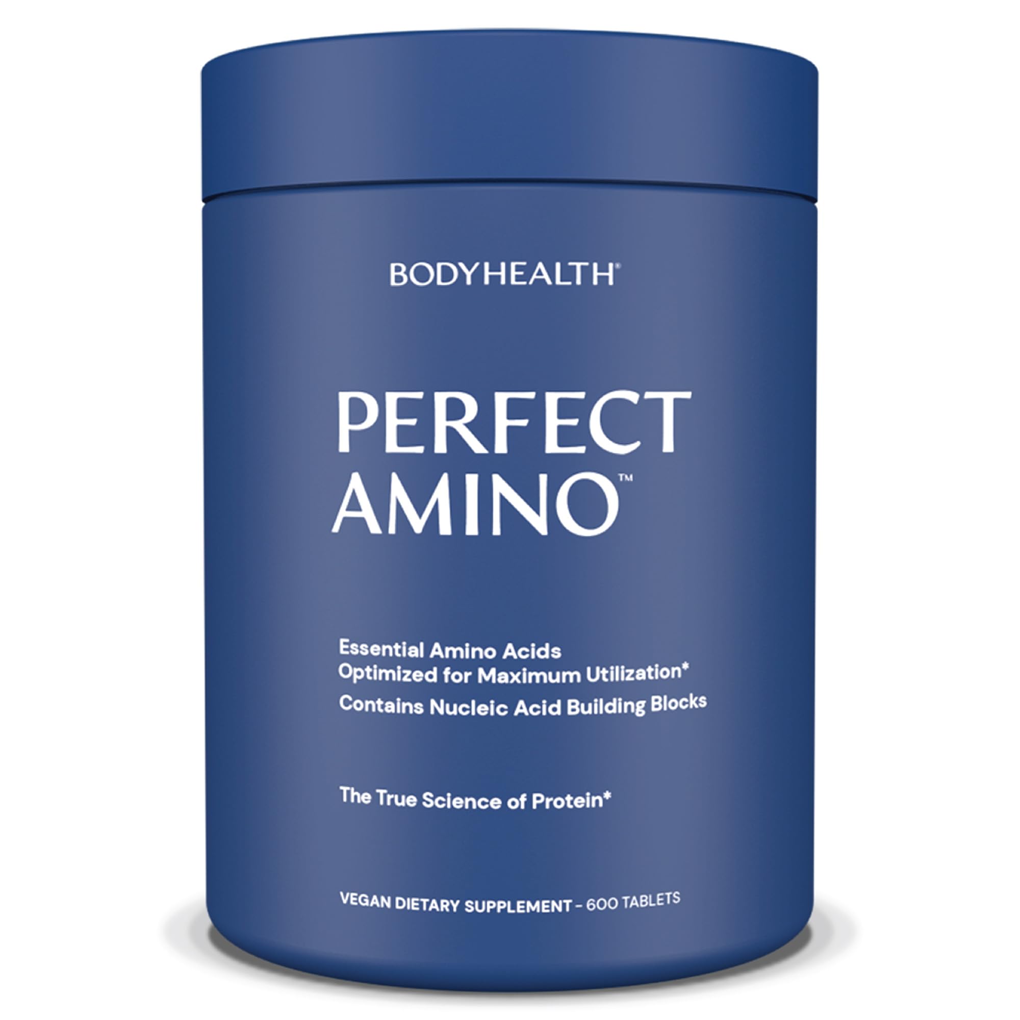 BodyHealth PerfectAmino bottle showing vegan amino acids for recovery and energy.