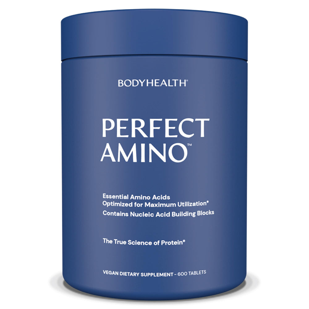 BodyHealth PerfectAmino bottle showing vegan amino acids for recovery and energy.