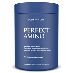 BodyHealth PerfectAmino bottle showing vegan amino acids for recovery and energy.