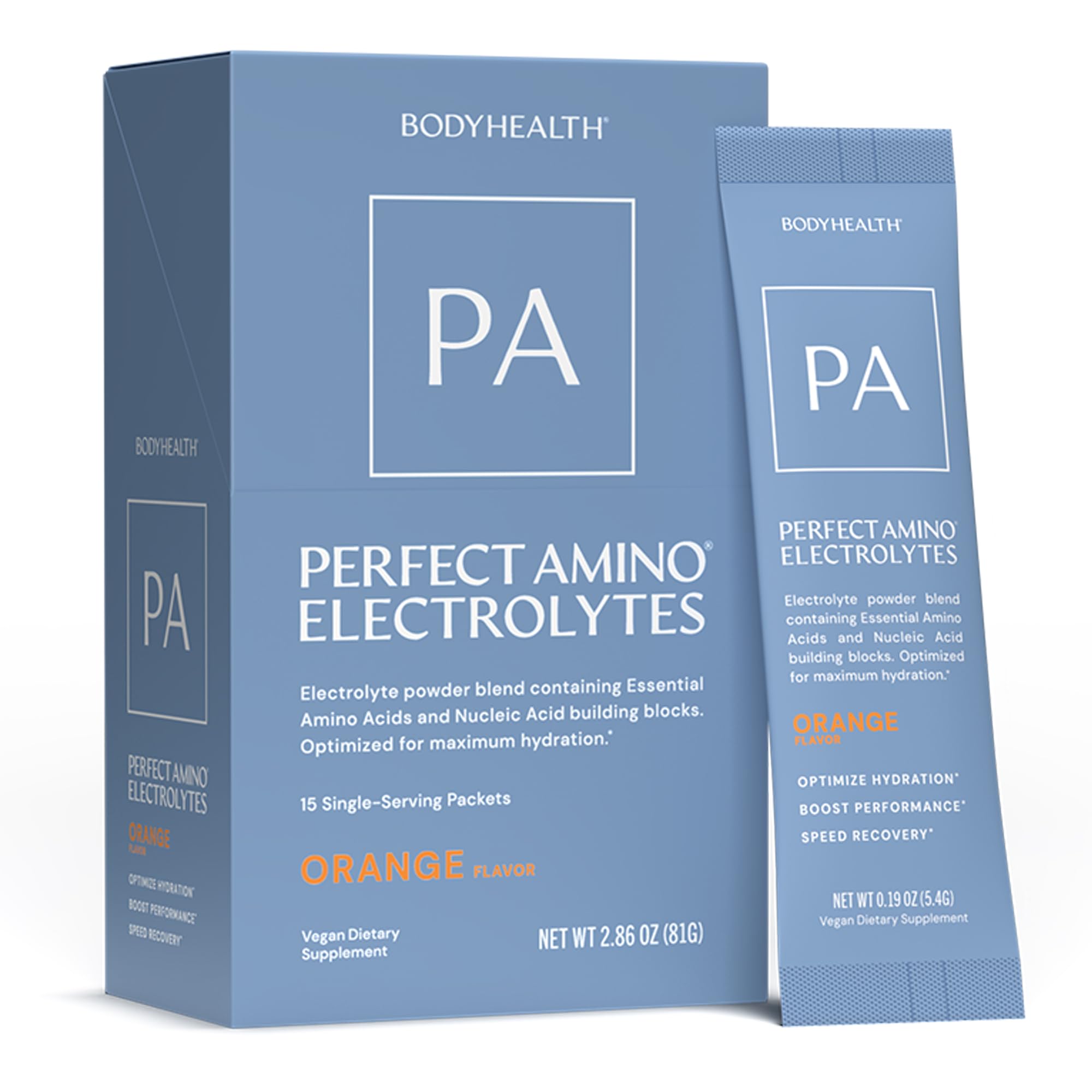 BodyHealth PerfectAmino Electrolyte Orange stick pack for on-the-go hydration and sustained energy.
