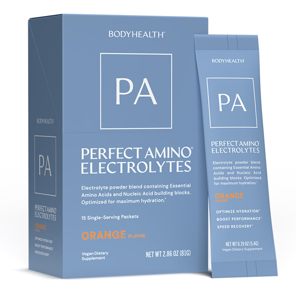 BodyHealth PerfectAmino Electrolyte Orange stick pack for on-the-go hydration and sustained energy.