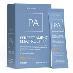 BodyHealth PerfectAmino Electrolyte Orange stick pack for on-the-go hydration and sustained energy.