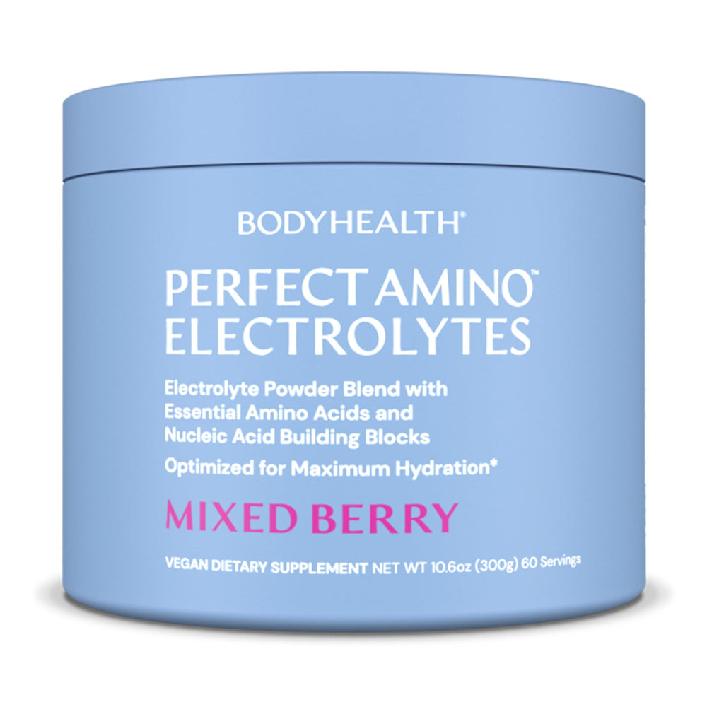 BodyHealth PerfectAmino Electrolytes mixed berry bottle on kitchen counter for quick hydration
