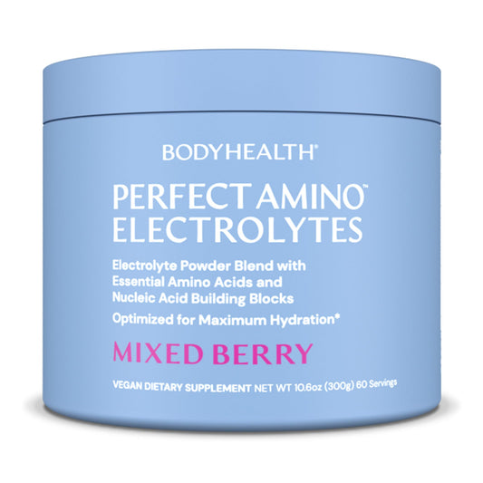 BodyHealth PerfectAmino Electrolytes mixed berry bottle on kitchen counter for quick hydration