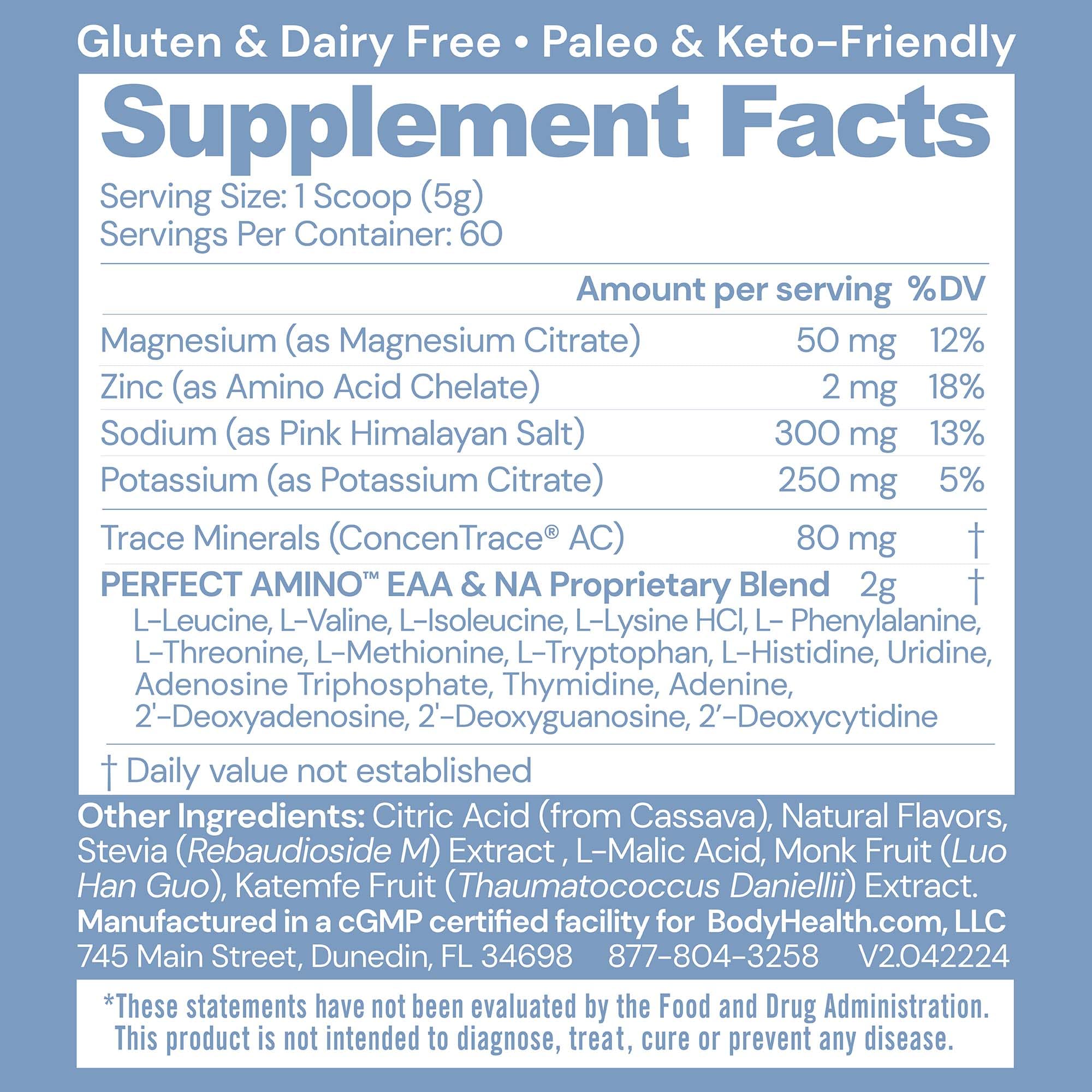 Scoop of BodyHealth PerfectAmino Electrolytes powder dissolving in water for fast hydration
