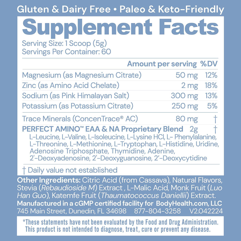 Scoop of BodyHealth PerfectAmino Electrolytes powder dissolving in water for fast hydration
