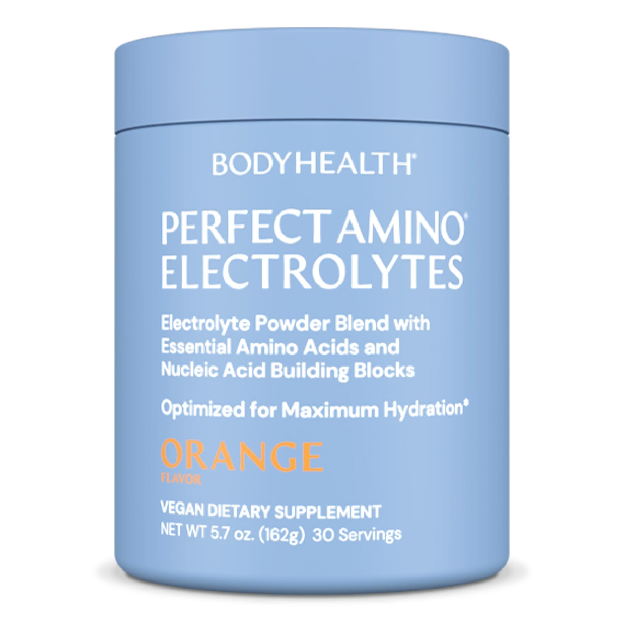 BodyHealth PerfectAmino Electrolytes orange tub for long-lasting hydration.