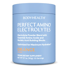 BodyHealth PerfectAmino Electrolytes orange tub for long-lasting hydration.