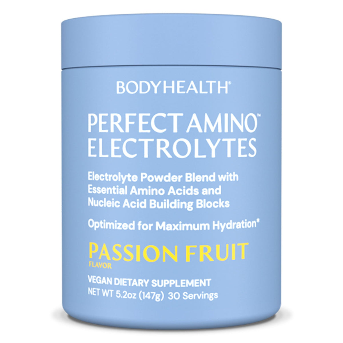BodyHealth PerfectAmino Electrolytes bottle pour in passion fruit flavor showing sugar-free hydration benefits.