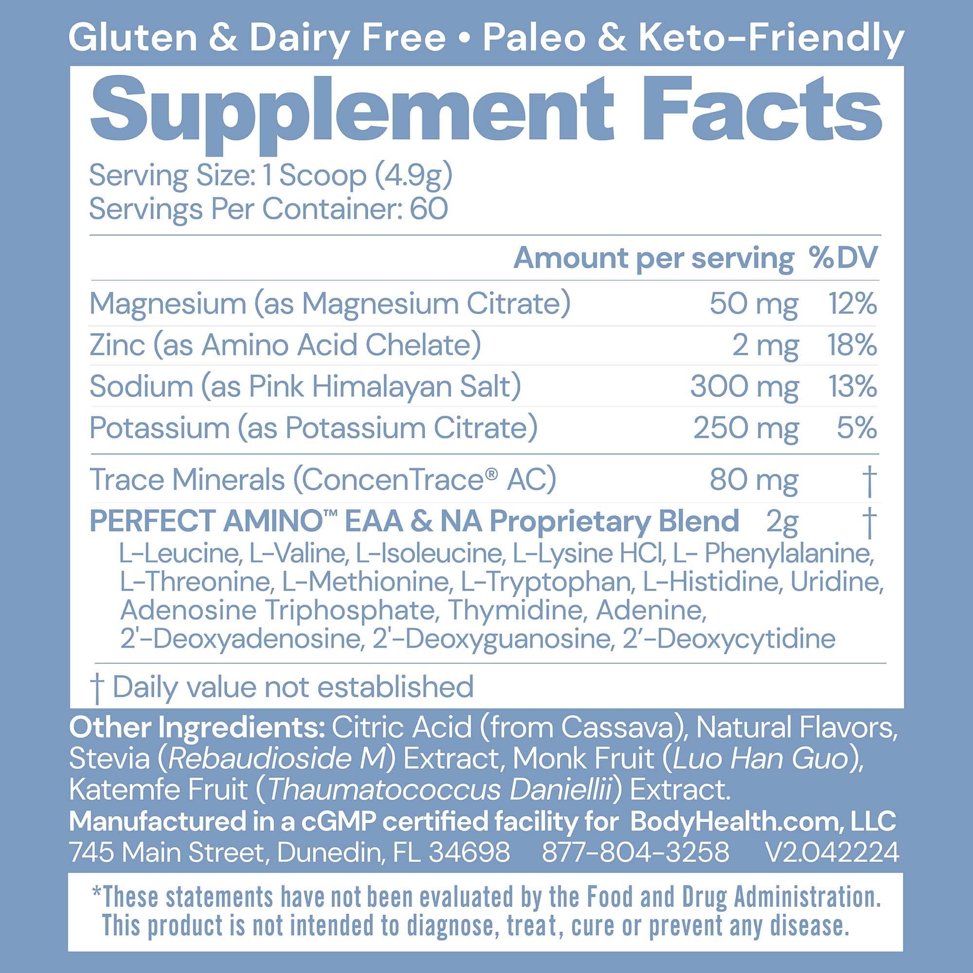 BodyHealth PerfectAmino electrolytes passion fruit scoop for quick, sugar-free hydration after training