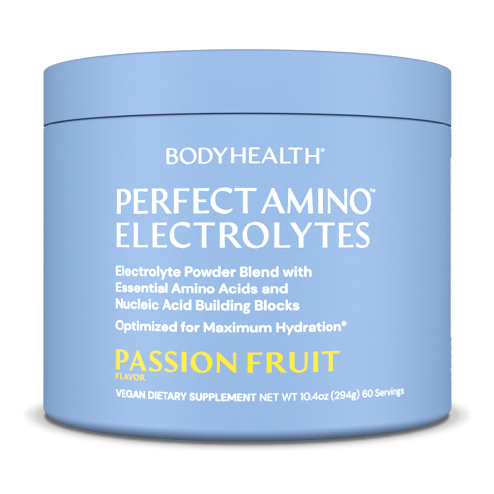 BodyHealth PerfectAmino electrolytes passion fruit tub ready for hydration during workouts