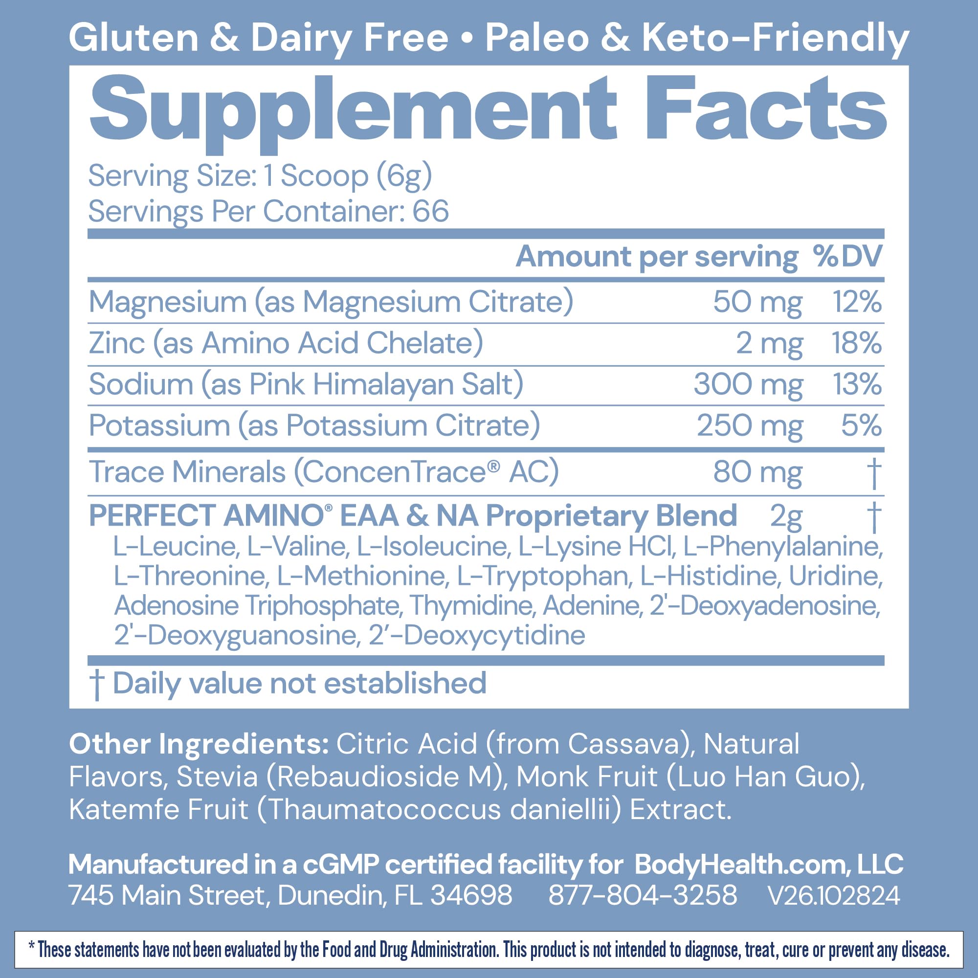 BodyHealth PerfectAmino Electrolytes powder scoop ready for quick mix