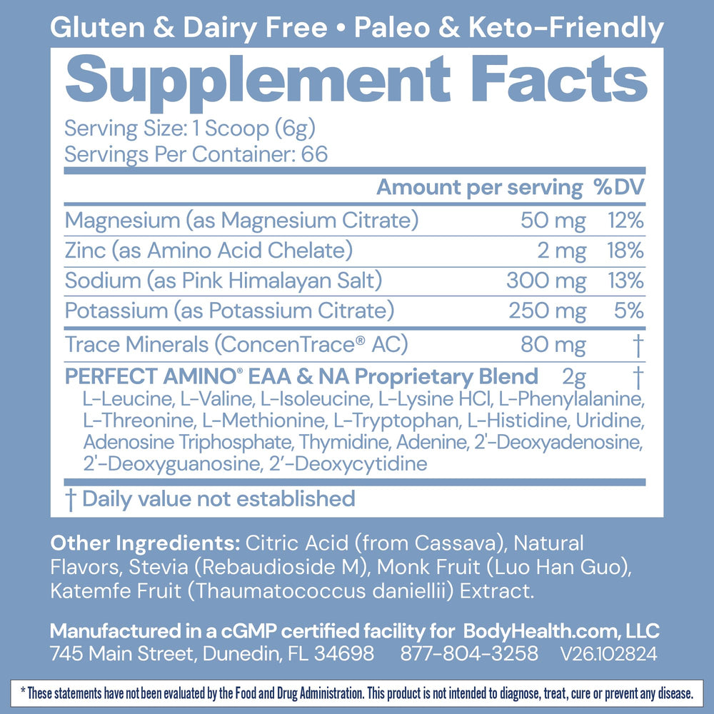 BodyHealth PerfectAmino Electrolytes powder scoop ready for quick mix