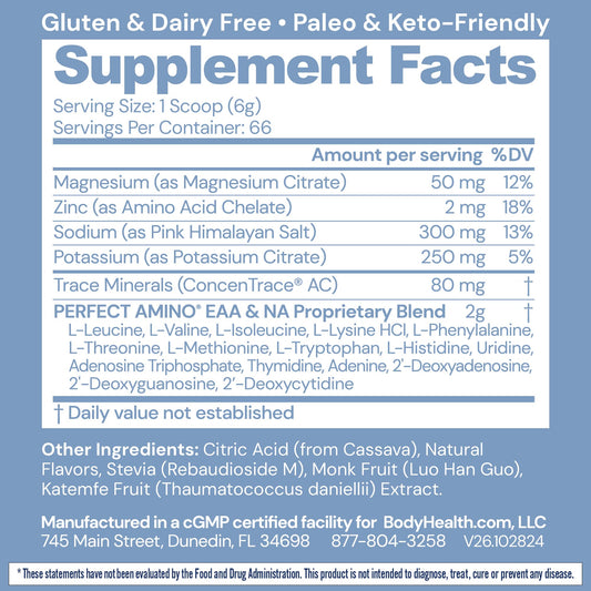 BodyHealth PerfectAmino Electrolytes powder scoop ready for quick mix
