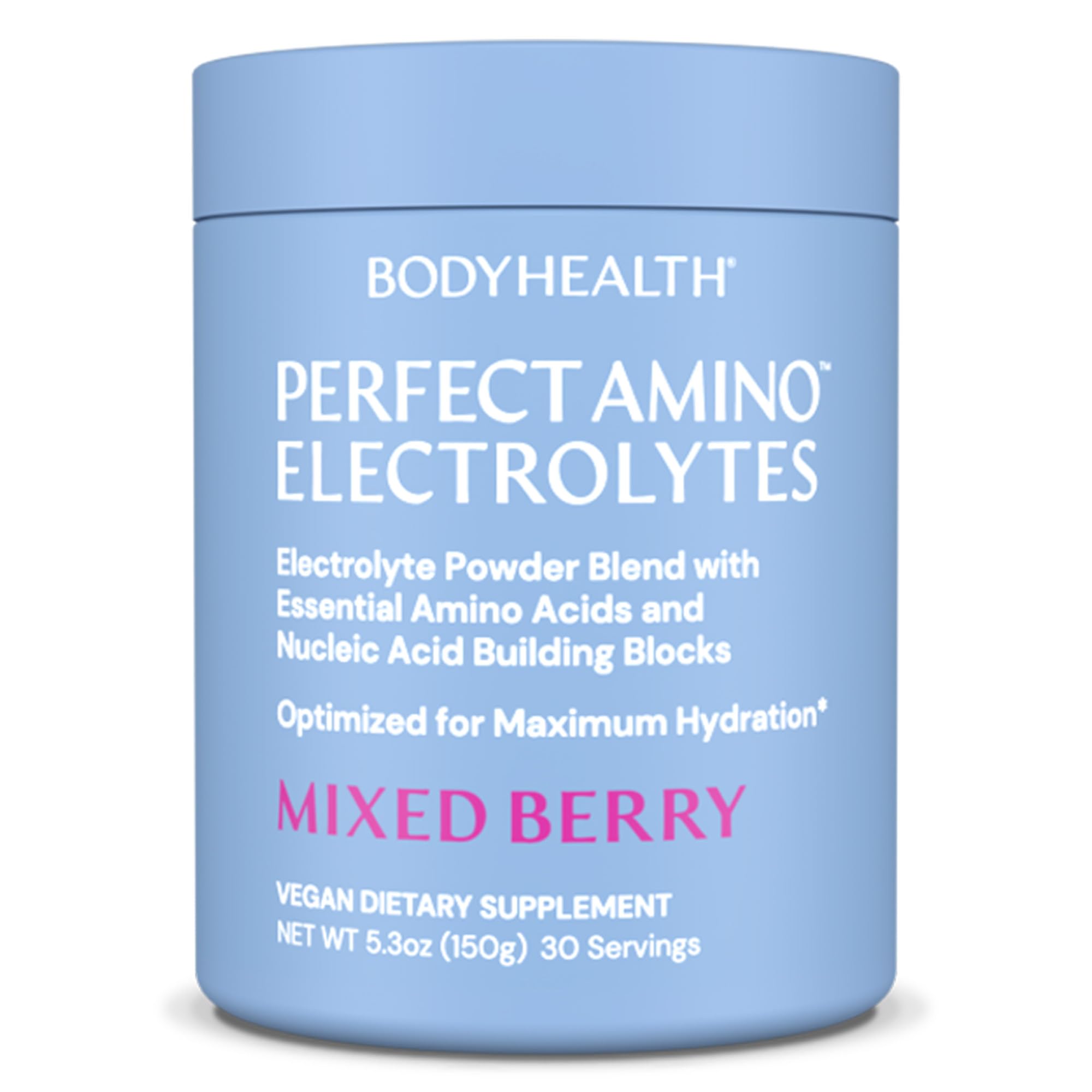 BodyHealth PerfectAmino Electrolytes mixed berry powder tub for steady hydration