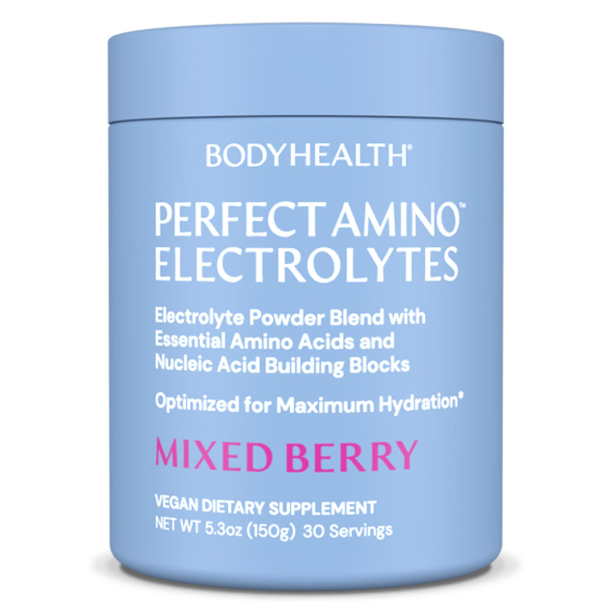 BodyHealth PerfectAmino Electrolytes mixed berry powder tub for steady hydration
