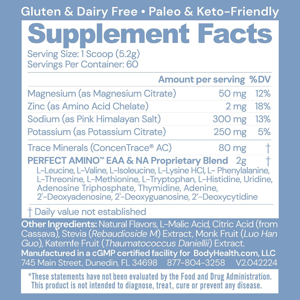 Scoop of BodyHealth PerfectAmino Electrolytes dissolving in water