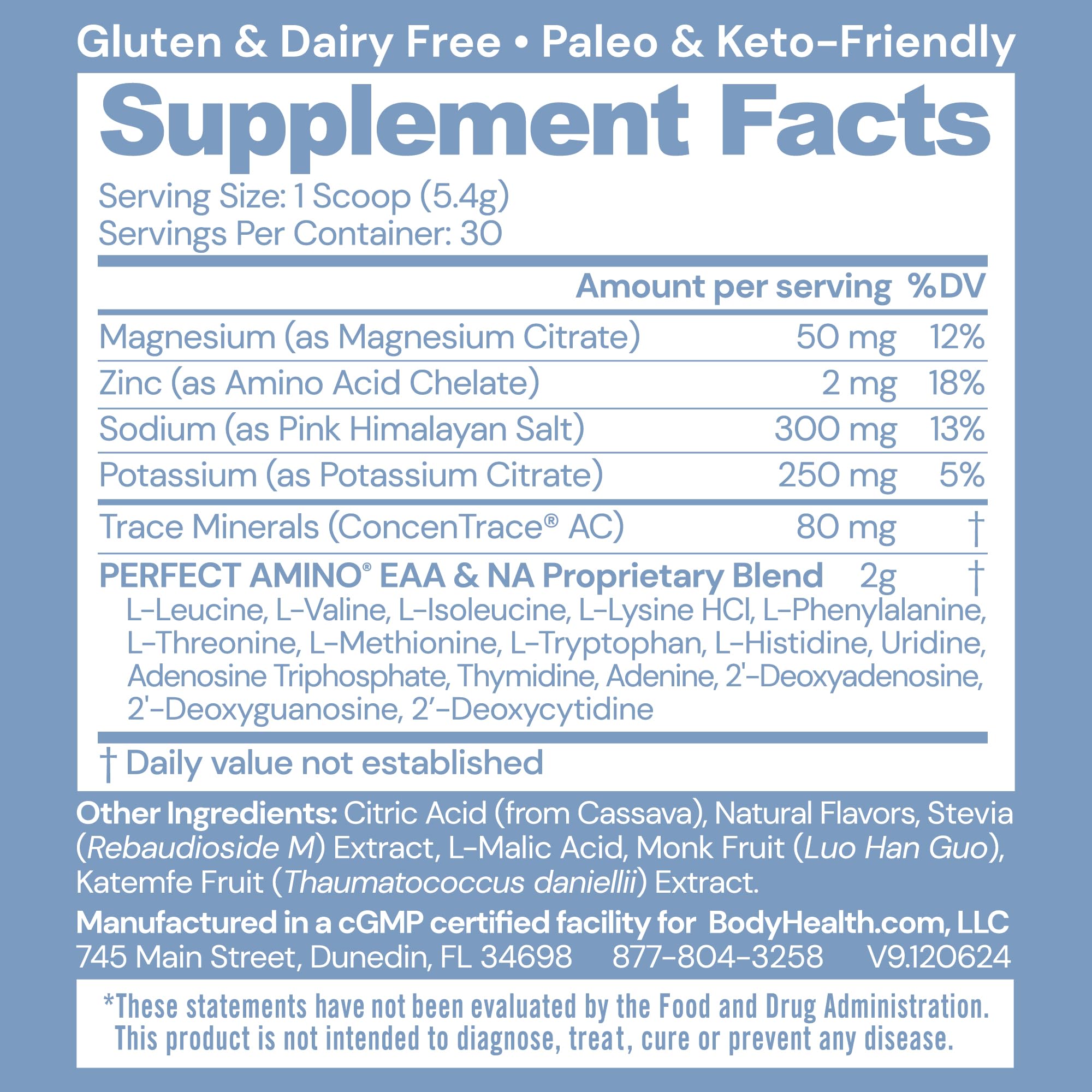 BodyHealth PerfectAmino Electrolytes scoop showing precise dosing for easy mixing.