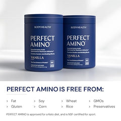 BodyHealth PerfectAmino label and NSF badge highlight sport-safe certification.