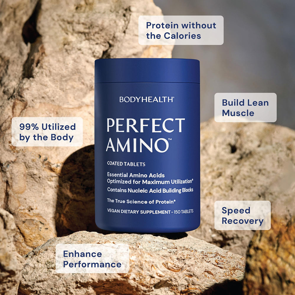 Nutrition panel of PerfectAmino highlighting essential amino acids and zero added sugar.