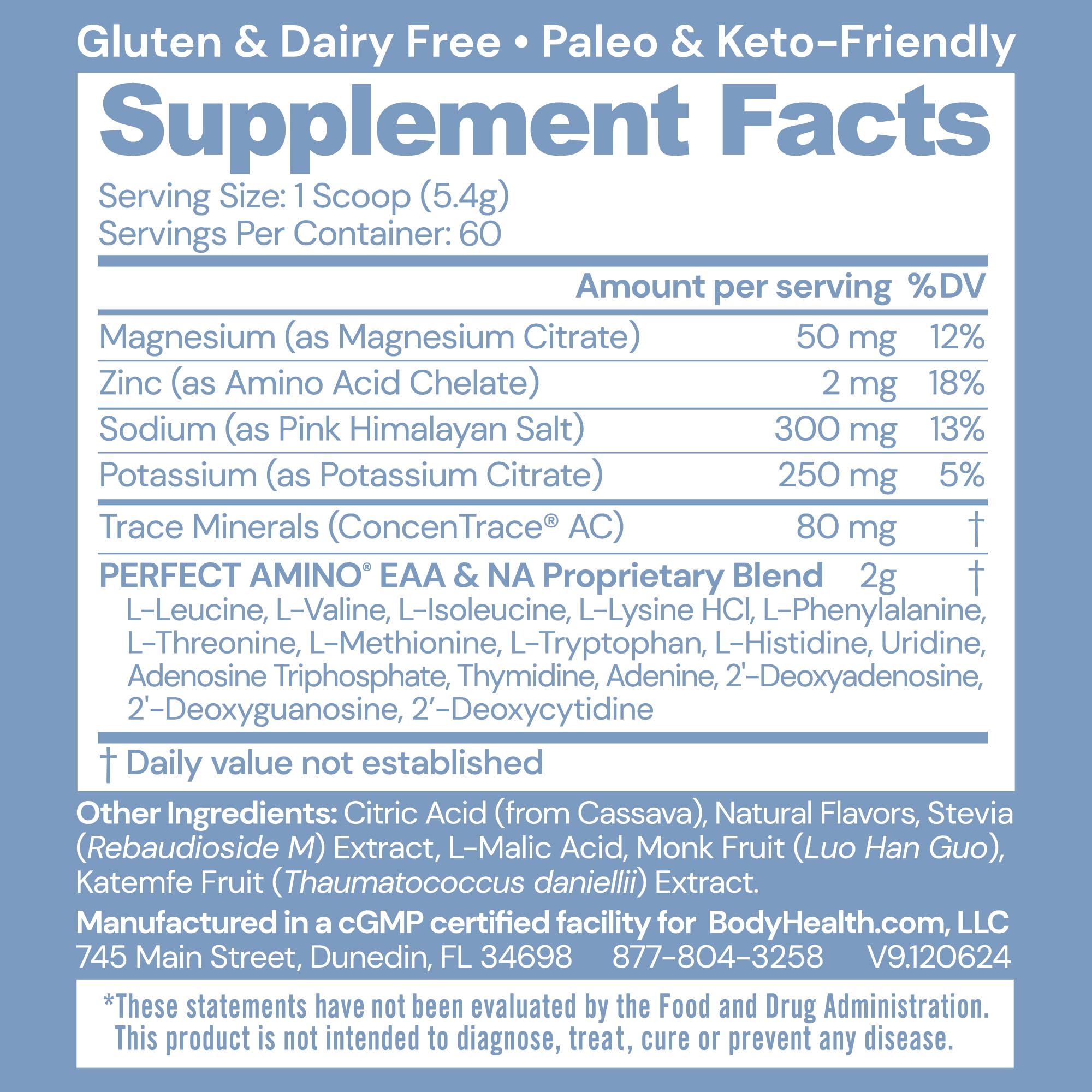 BodyHealth PerfectAmino Orange powder dissolving in water for fast refreshment.