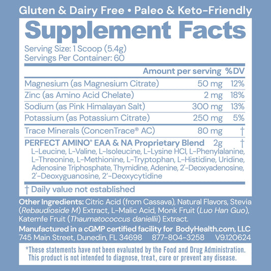 BodyHealth PerfectAmino Orange powder dissolving in water for fast refreshment.