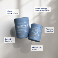 BodyHealth PerfectAmino Orange scoop beside a glass for easy dosing.
