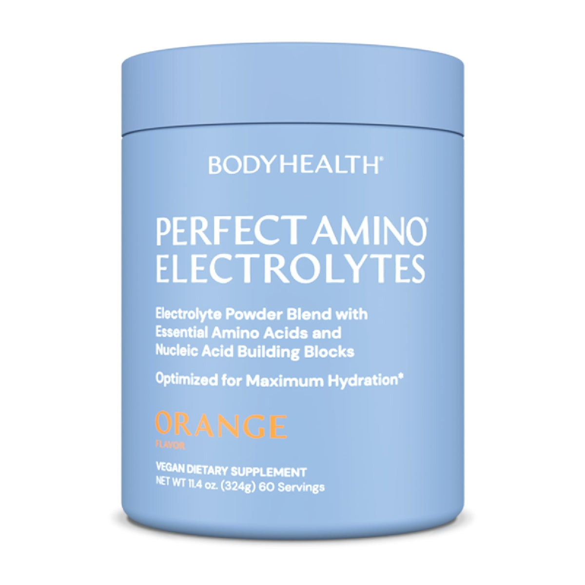 BodyHealth PerfectAmino Orange tub label ready for long-lasting hydration.