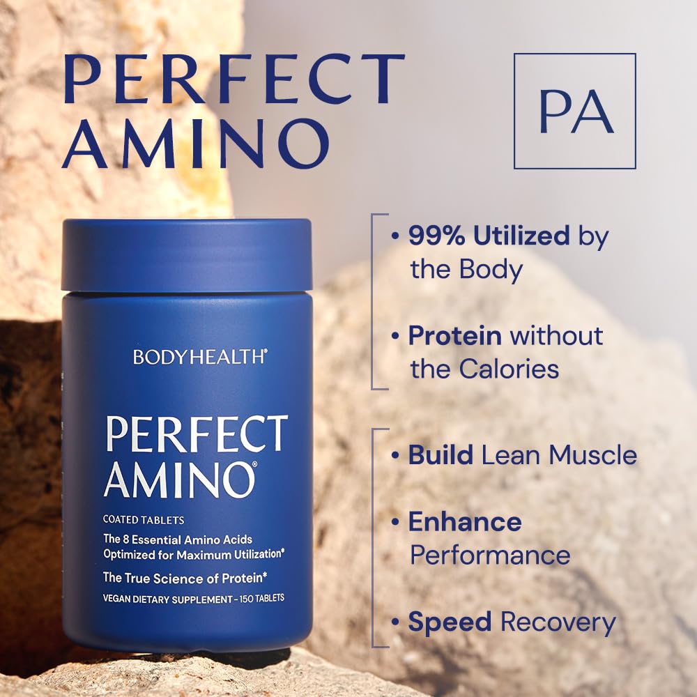 BodyHealth PerfectAmino packs shown for gym sessions and pre-workout routines.