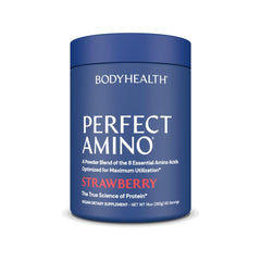 BodyHealth PerfectAmino powder bottle with strawberry flavor supports muscle recovery.