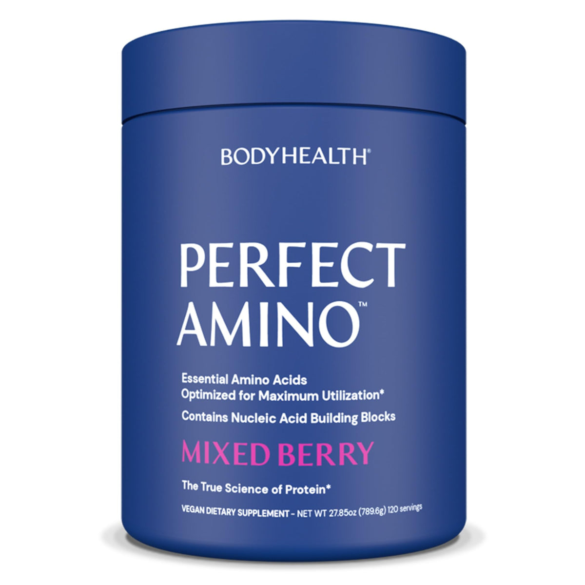 BodyHealth PerfectAmino powder bottle showing vegan, keto-friendly amino acids for lean muscle support.