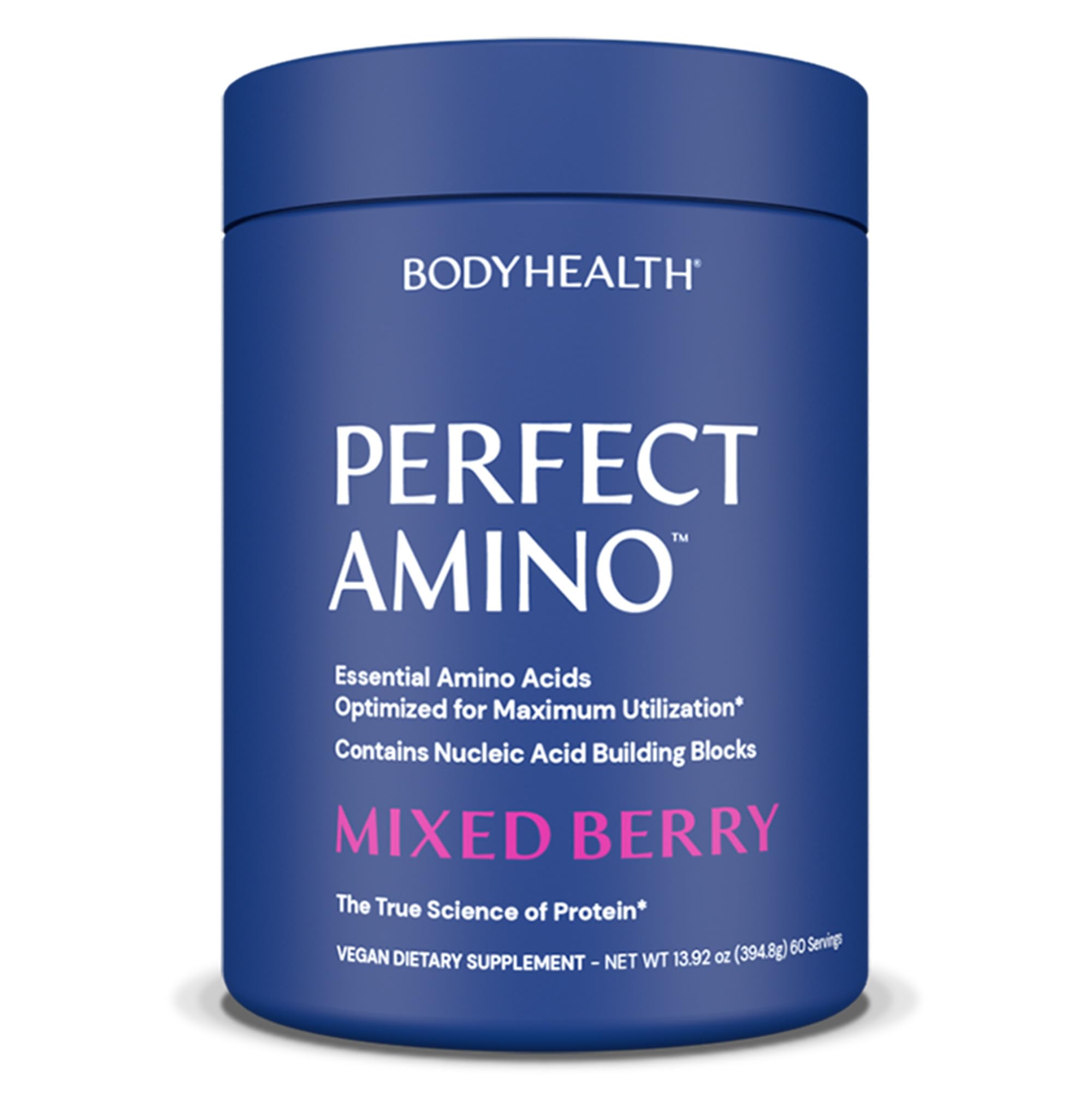 BodyHealth PerfectAmino Powder bottle highlighting plant-based amino acids for training