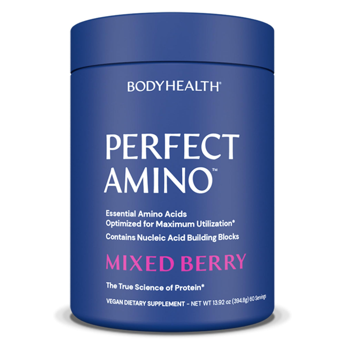 BodyHealth PerfectAmino Powder bottle highlighting plant-based amino acids for training