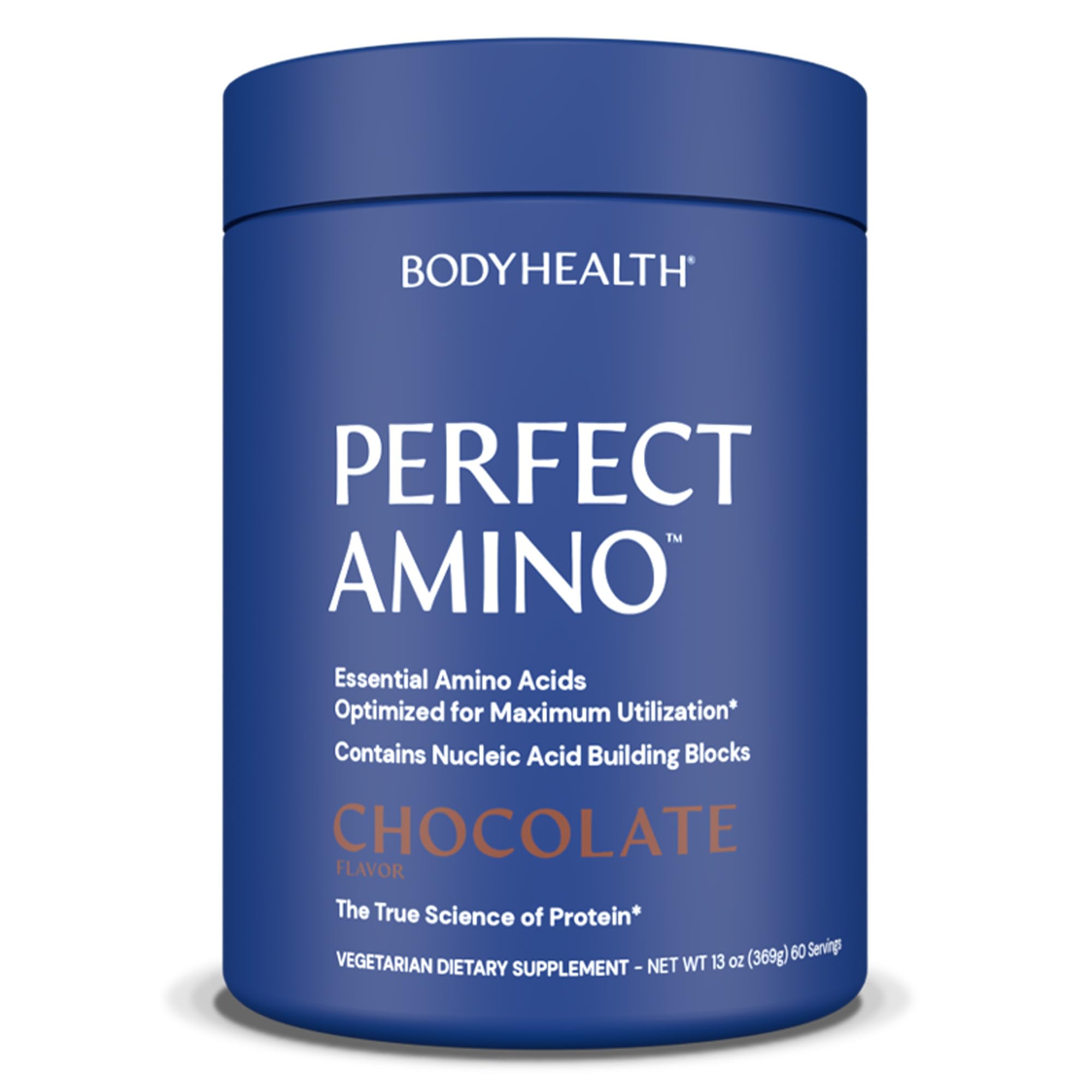 BodyHealth PerfectAmino chocolate tub with essential amino acids supporting recovery.