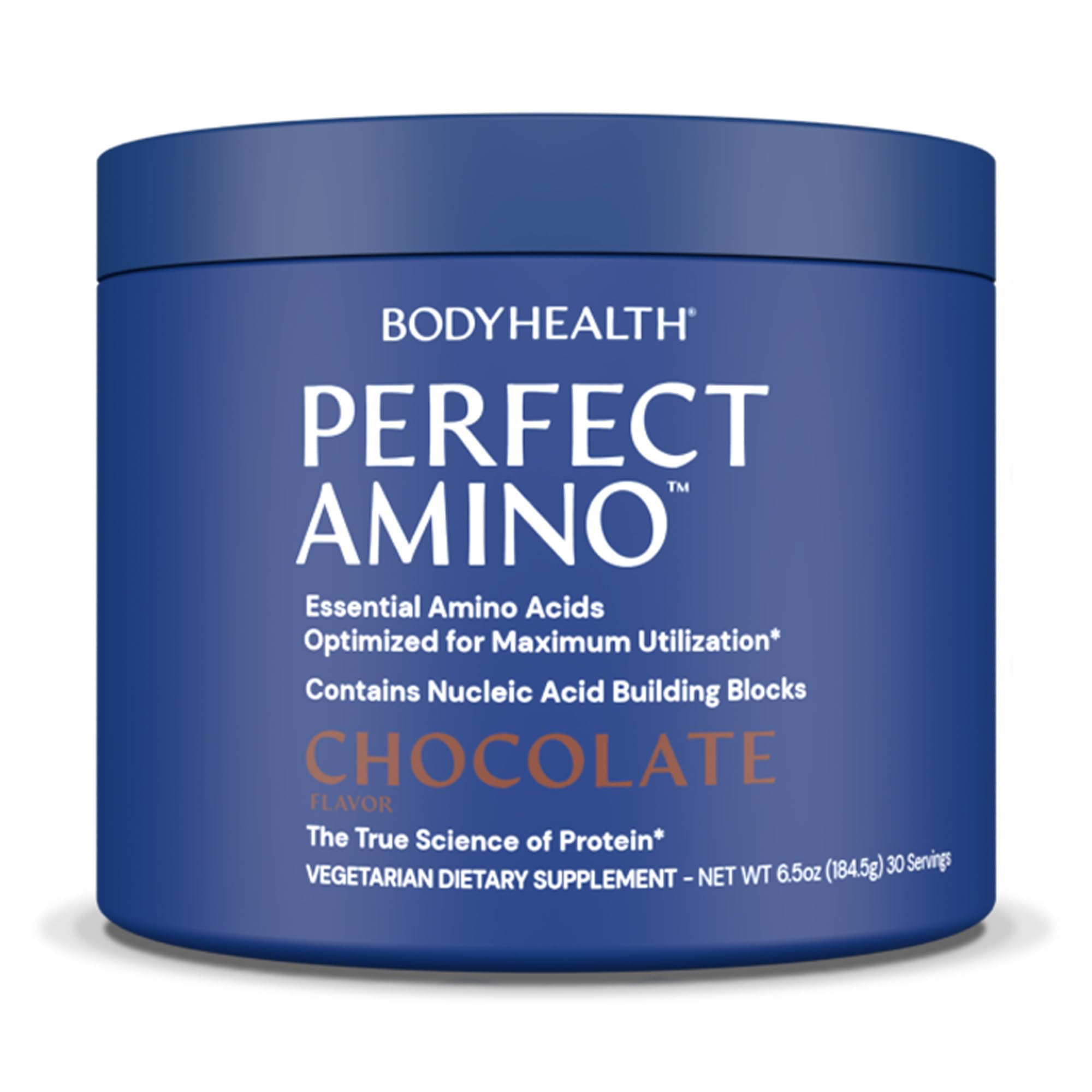 BodyHealth PerfectAmino powder chocolate tub for lean muscle support and recovery.